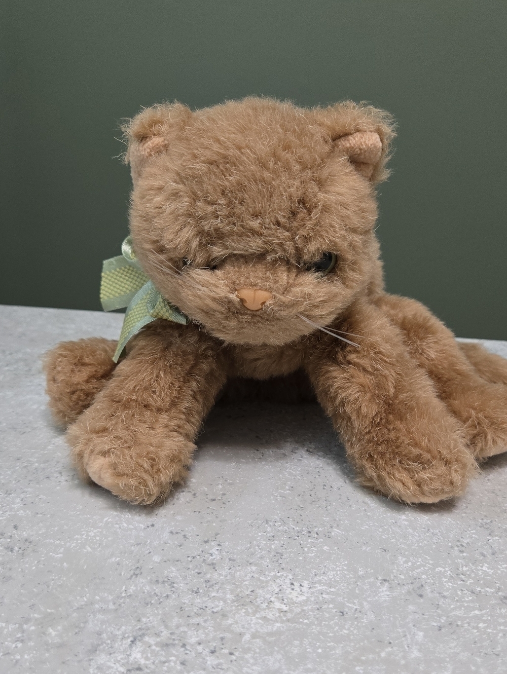 Cameo The Cat By Ty Brown Plush Cat Toy with Green Bow